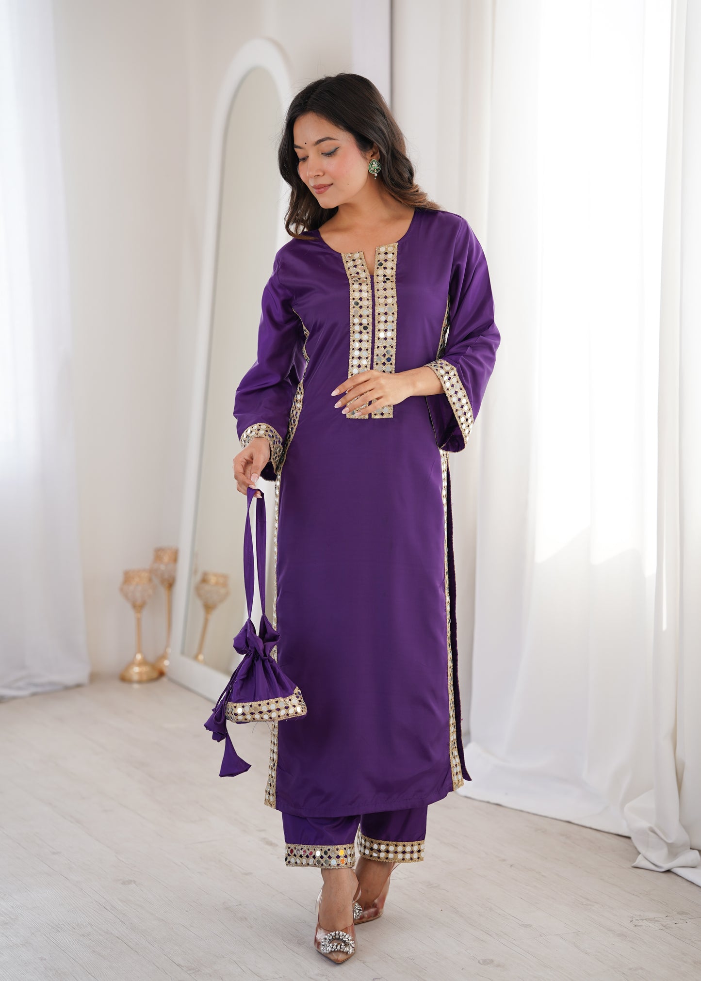 Natural Crepe Mirror Work Kurti Pant Set with Batwa