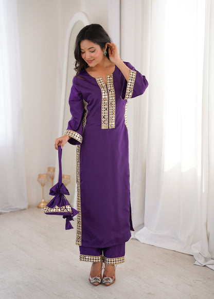 Natural Crepe Mirror Work Kurti Pant Set with Batwa