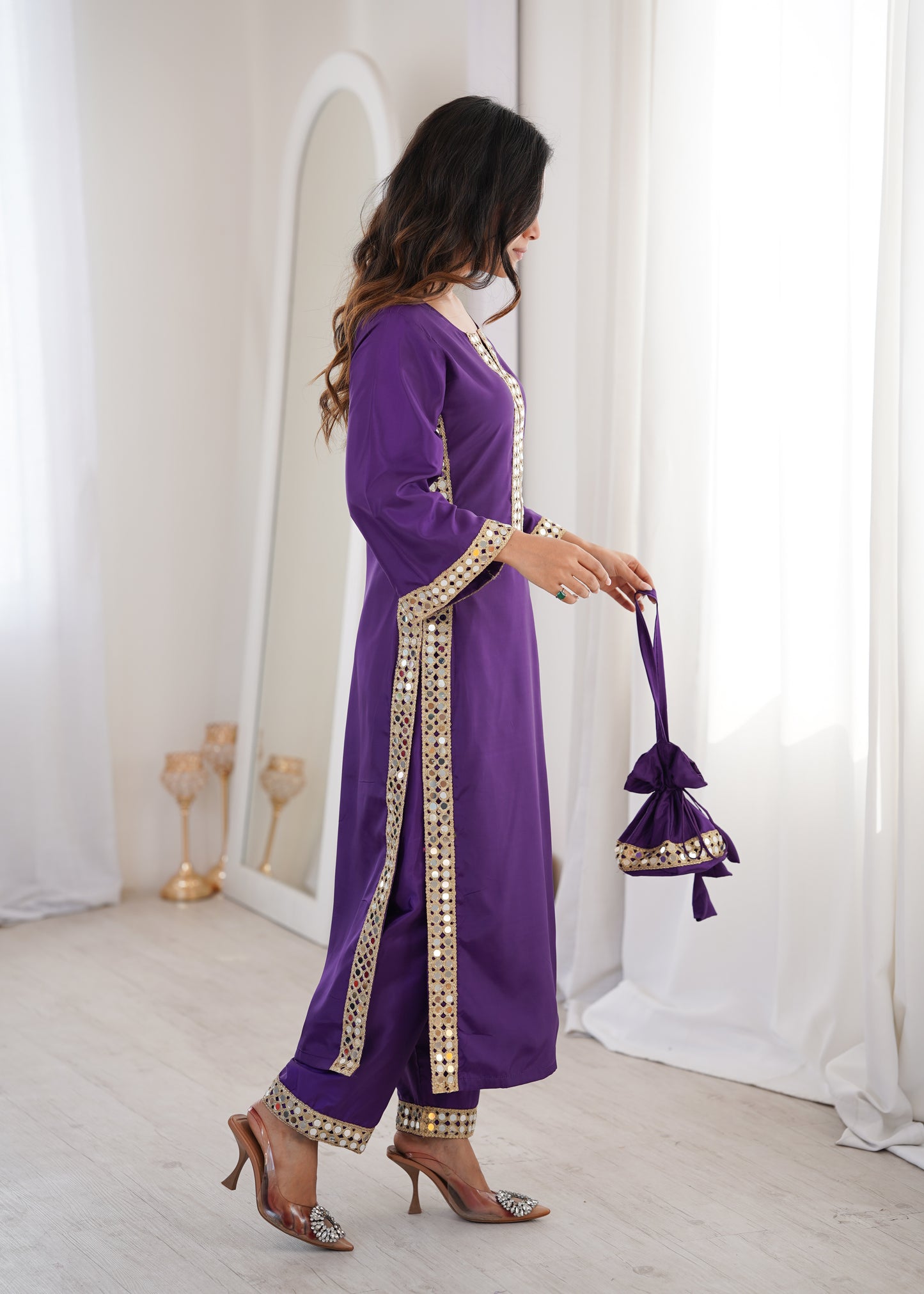 Natural Crepe Mirror Work Kurti Pant Set with Batwa