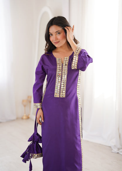 Natural Crepe Mirror Work Kurti Pant Set with Batwa