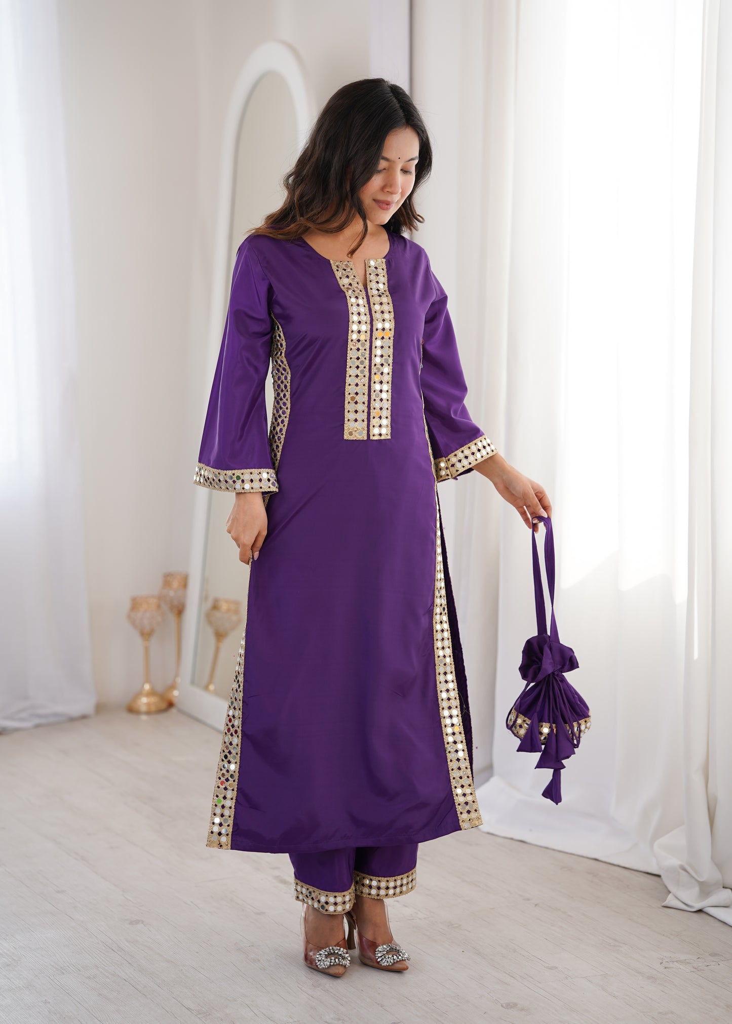 Natural Crepe Mirror Work Kurti Pant Set with Batwa