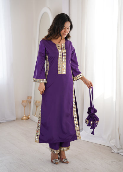 Natural Crepe Mirror Work Kurti Pant Set with Batwa