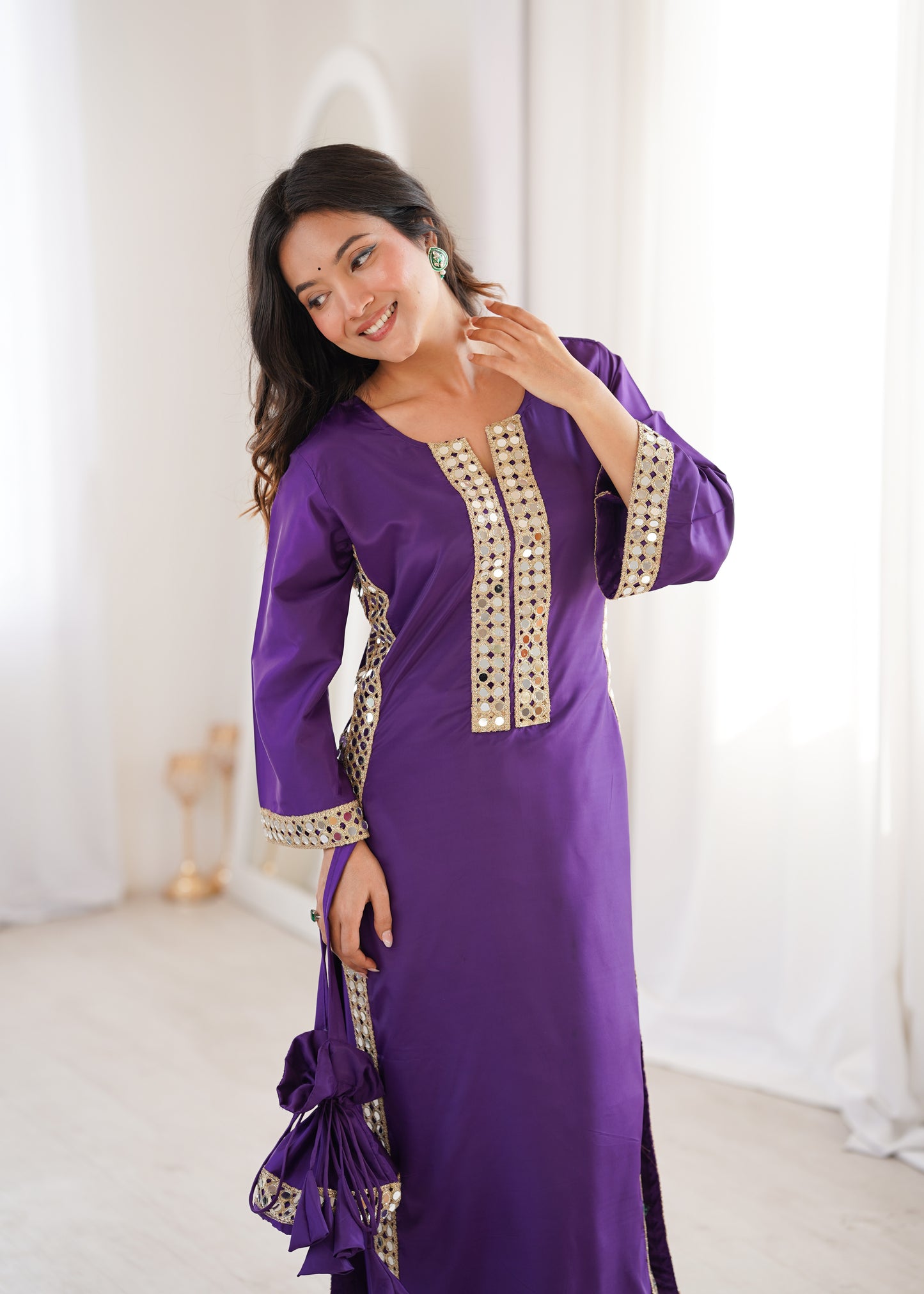 Natural Crepe Mirror Work Kurti Pant Set with Batwa