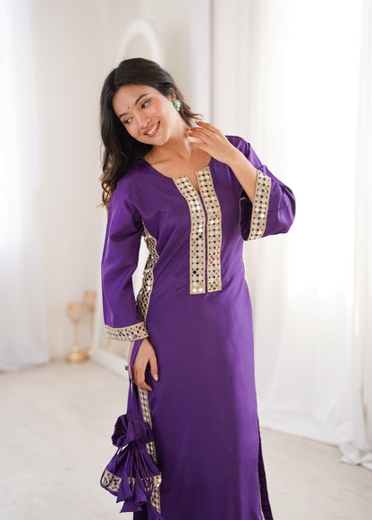 Natural Crepe Mirror Work Kurti Pant Set with Batwa