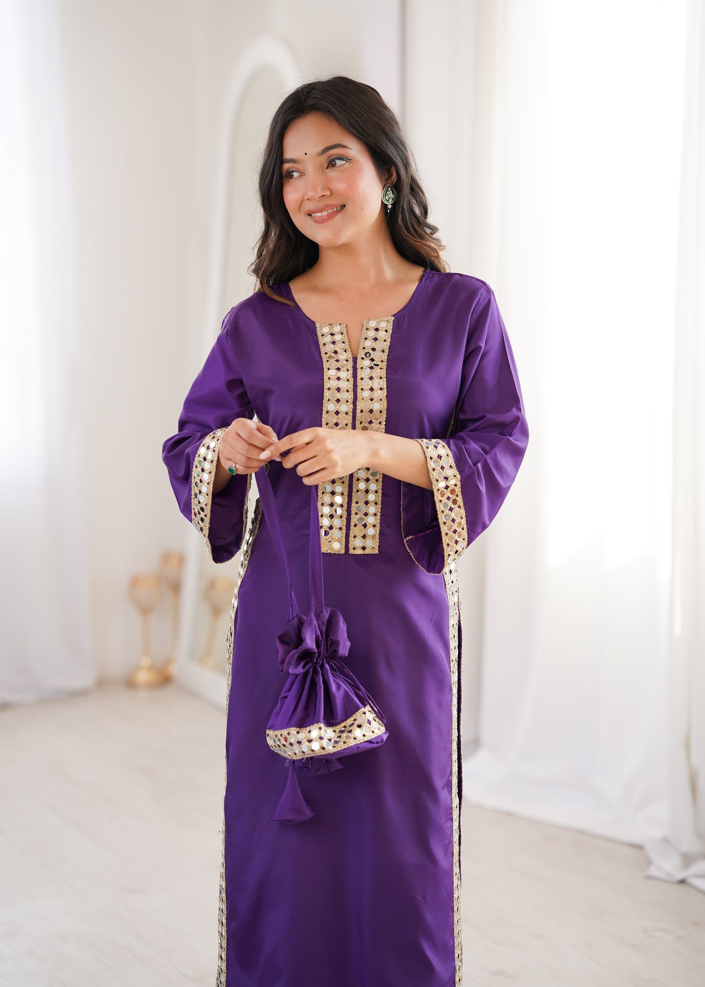 Natural Crepe Mirror Work Kurti Pant Set with Batwa