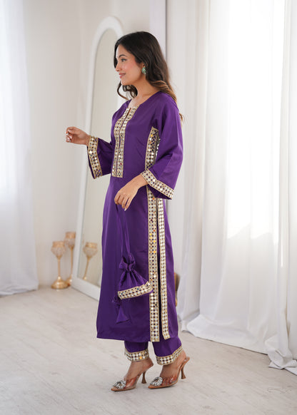 Natural Crepe Mirror Work Kurti Pant Set with Batwa
