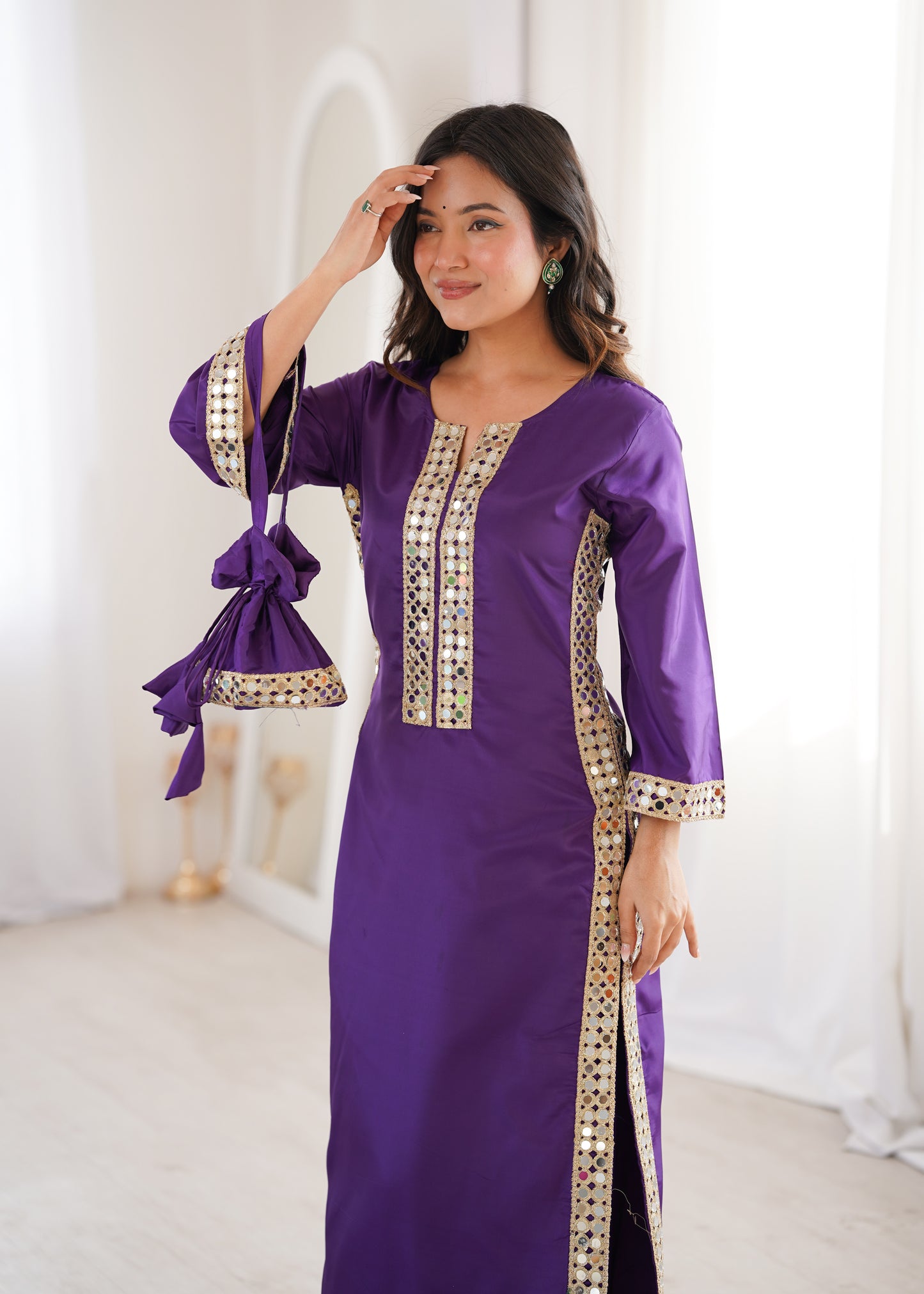 Natural Crepe Mirror Work Kurti Pant Set with Batwa