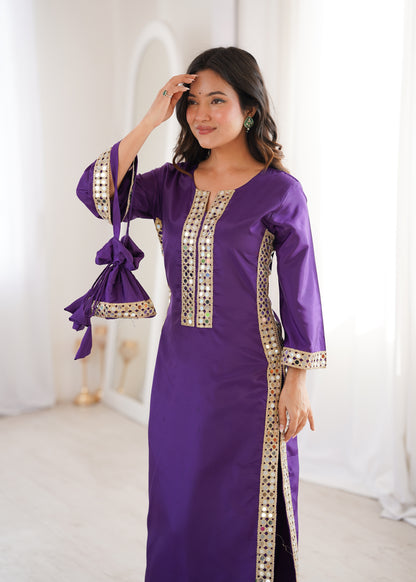 Natural Crepe Mirror Work Kurti Pant Set with Batwa