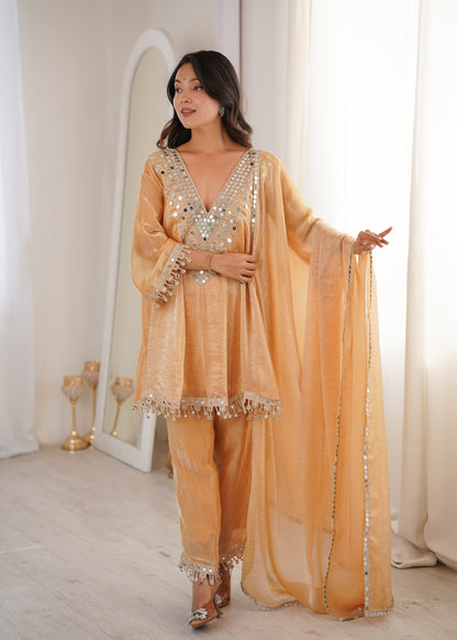 Fendy Fabric Mirror Work Kurti Set in Purple & Chiku