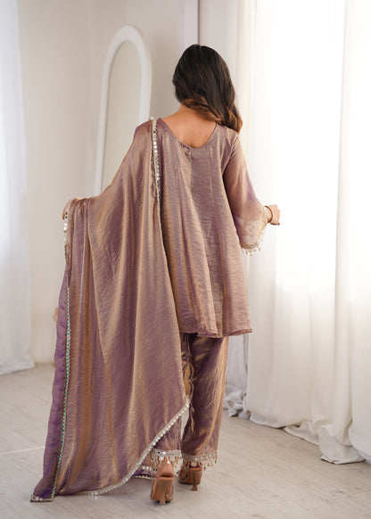 Fendy Fabric Mirror Work Kurti Set in Purple & Chiku