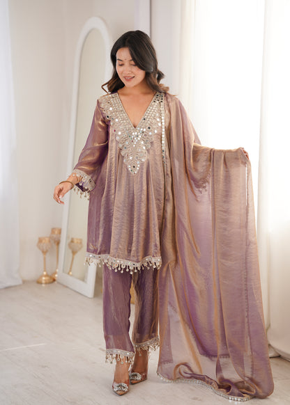 Fendy Fabric Mirror Work Kurti Set in Purple & Chiku