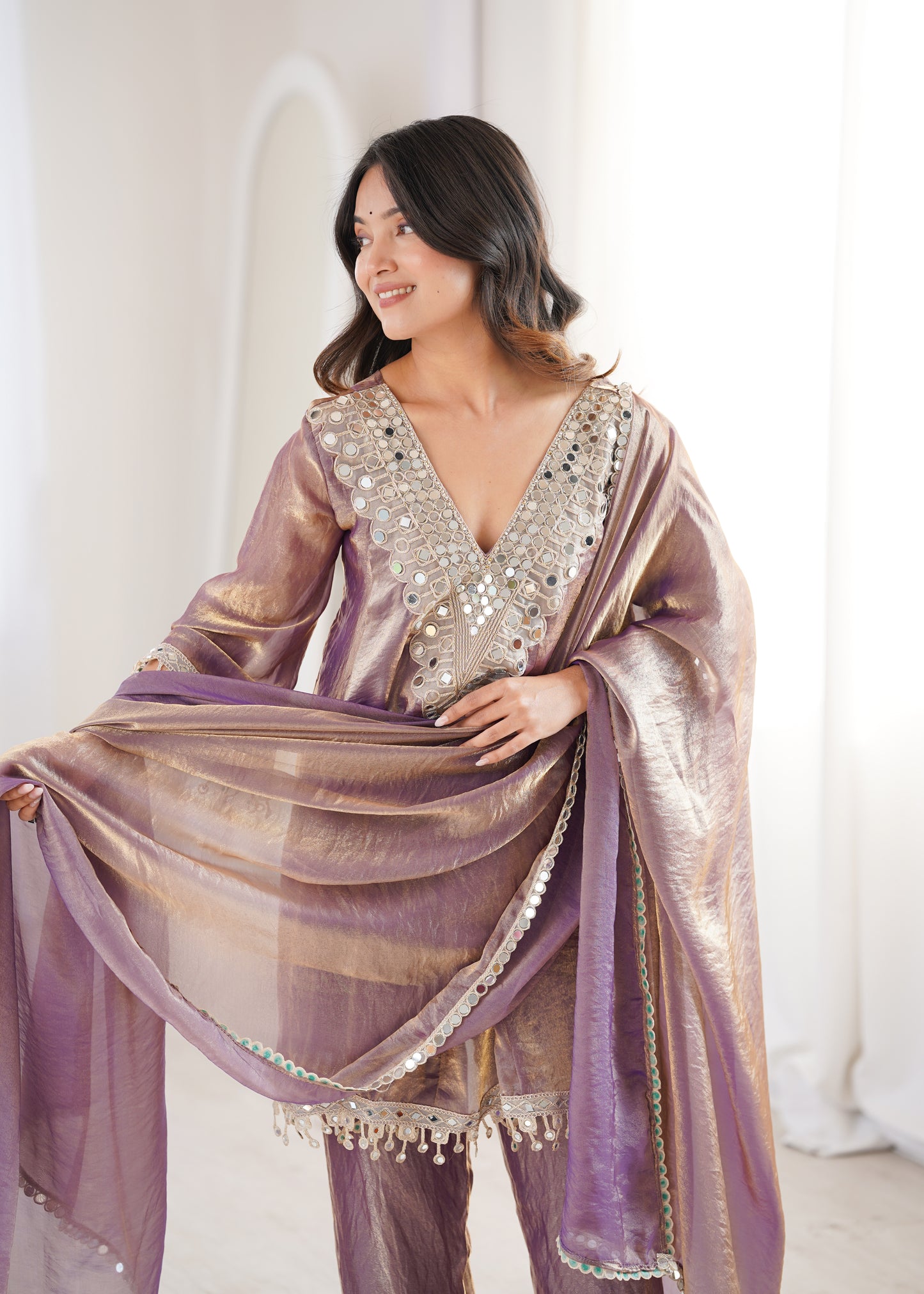 Fendy Fabric Mirror Work Kurti Set in Purple & Chiku