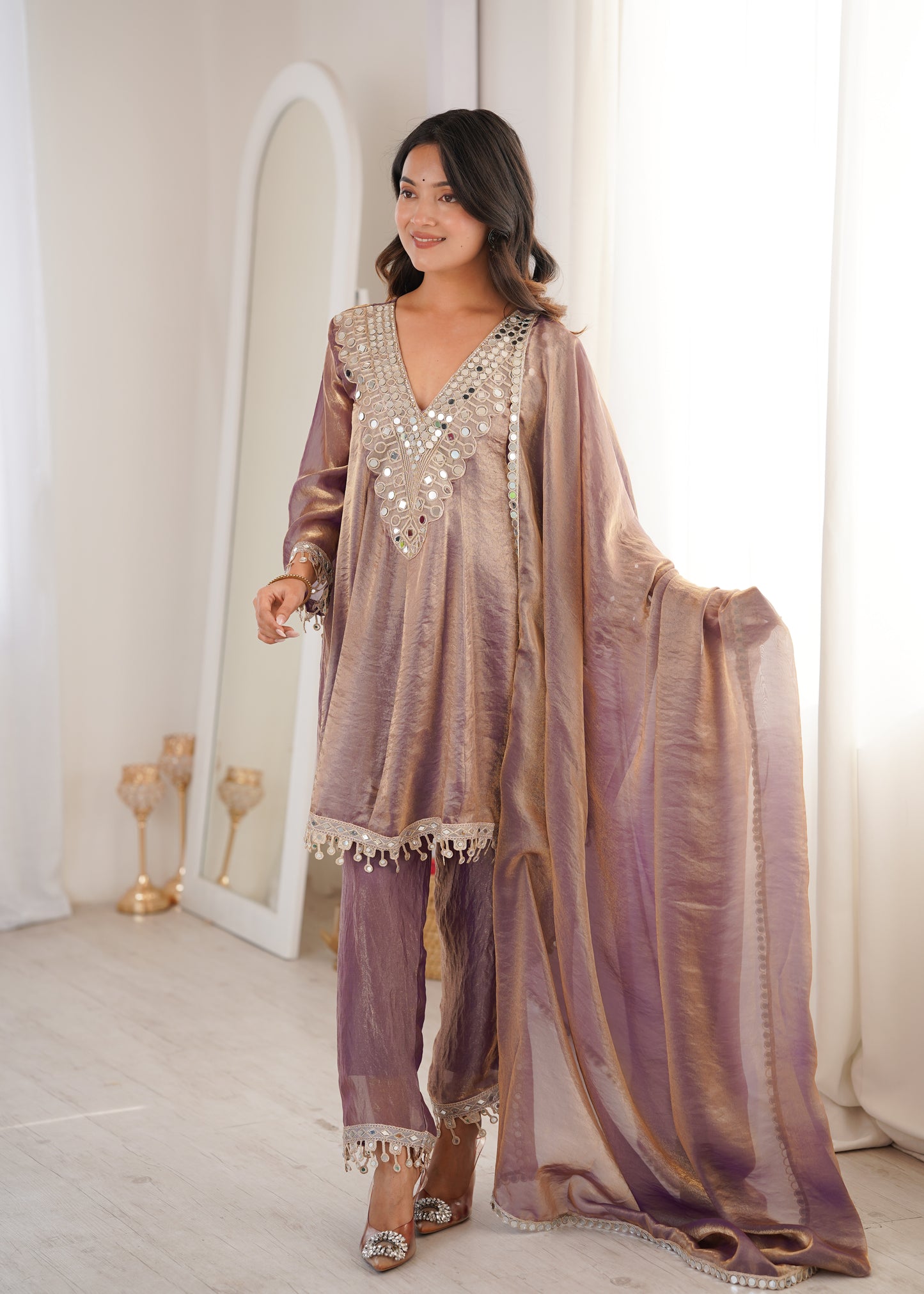 Fendy Fabric Mirror Work Kurti Set in Purple & Chiku
