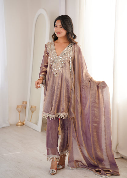Fendy Fabric Mirror Work Kurti Set in Purple & Chiku