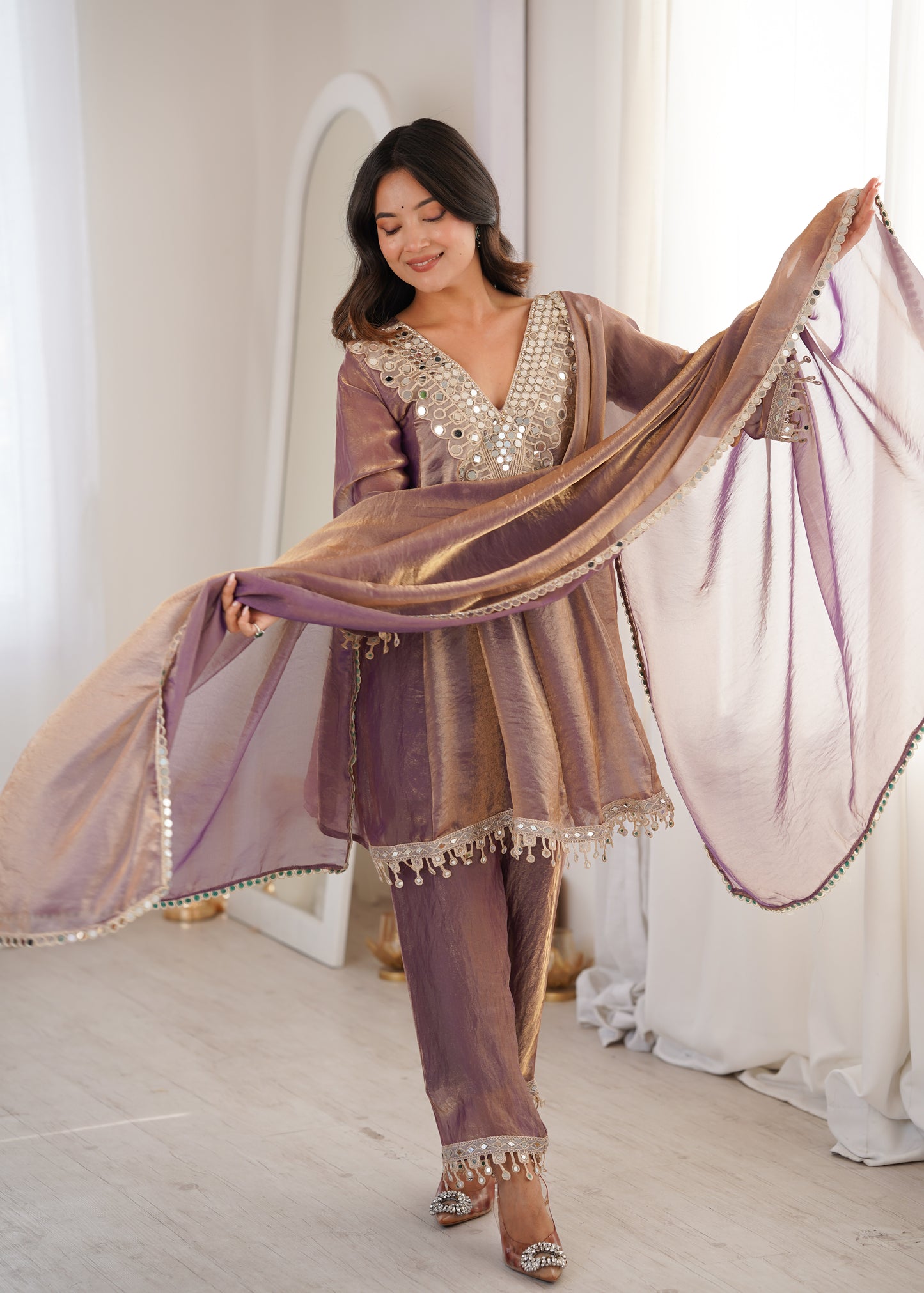 Fendy Fabric Mirror Work Kurti Set in Purple & Chiku