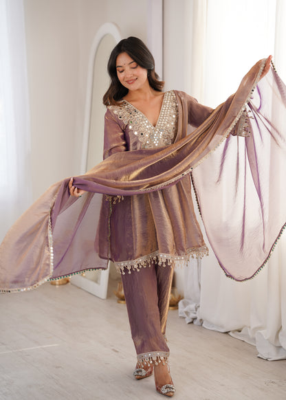 Fendy Fabric Mirror Work Kurti Set in Purple & Chiku