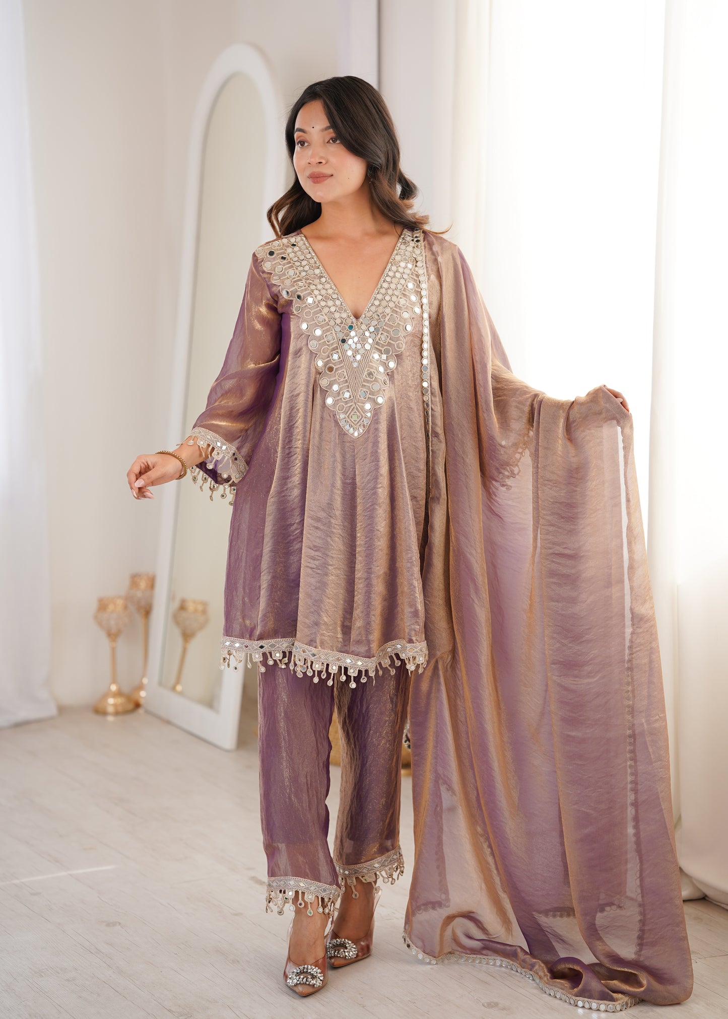 Fendy Fabric Mirror Work Kurti Set in Purple & Chiku