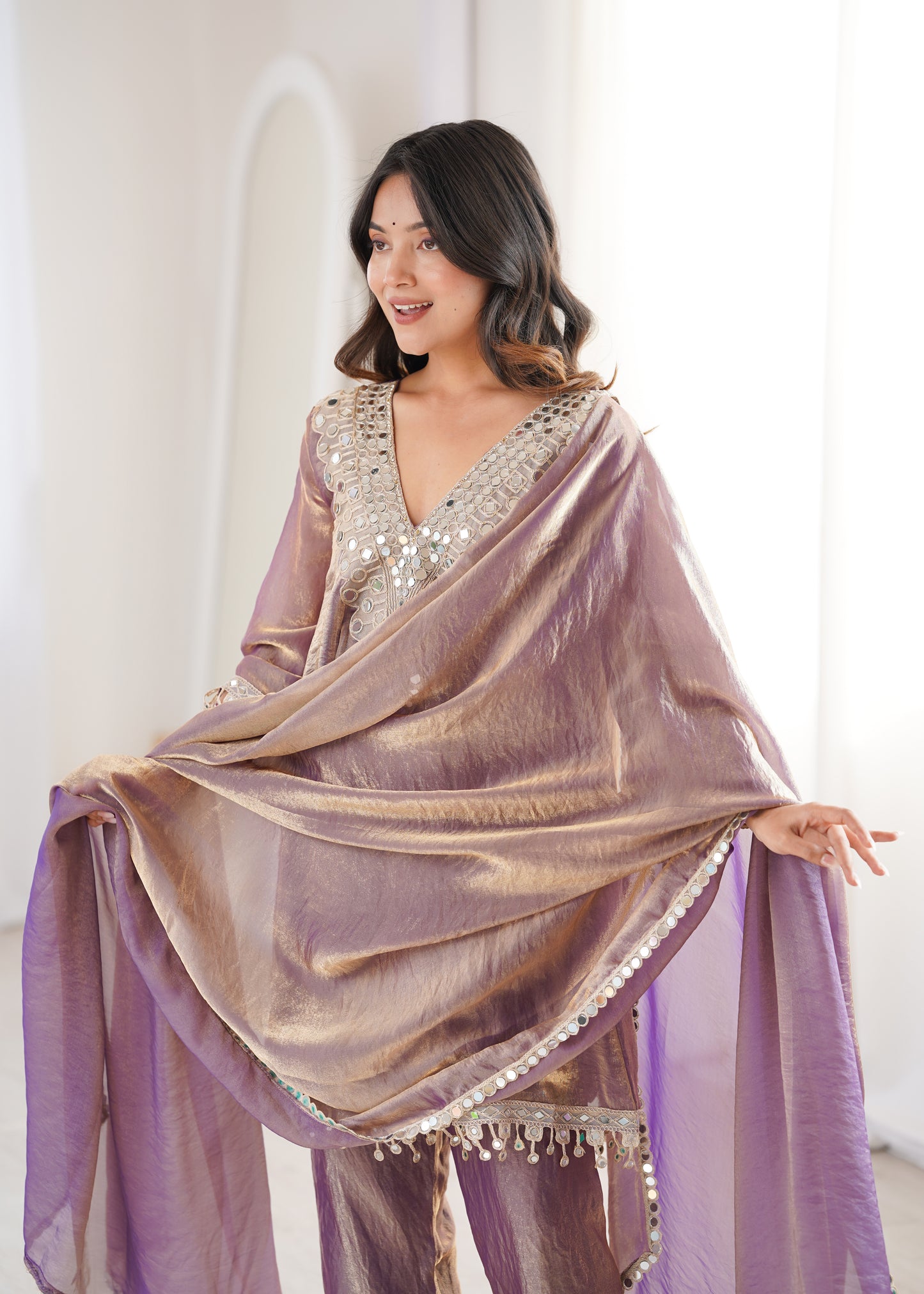 Fendy Fabric Mirror Work Kurti Set in Purple & Chiku