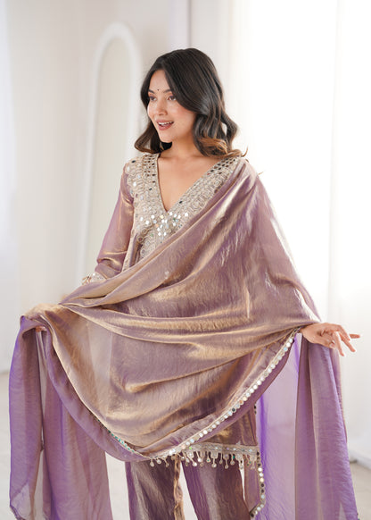 Fendy Fabric Mirror Work Kurti Set in Purple & Chiku