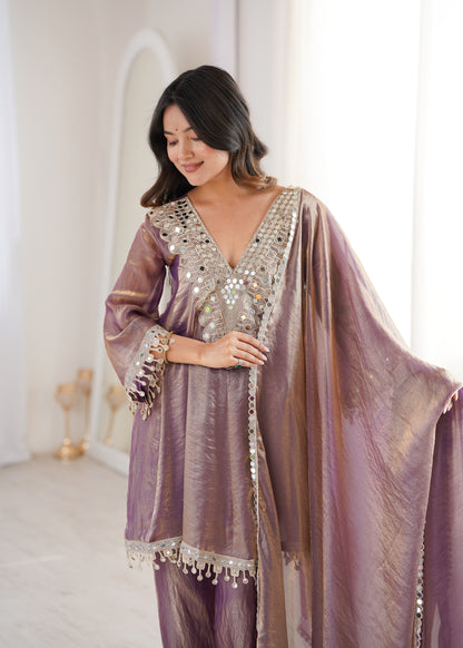 Fendy Fabric Mirror Work Kurti Set in Purple & Chiku