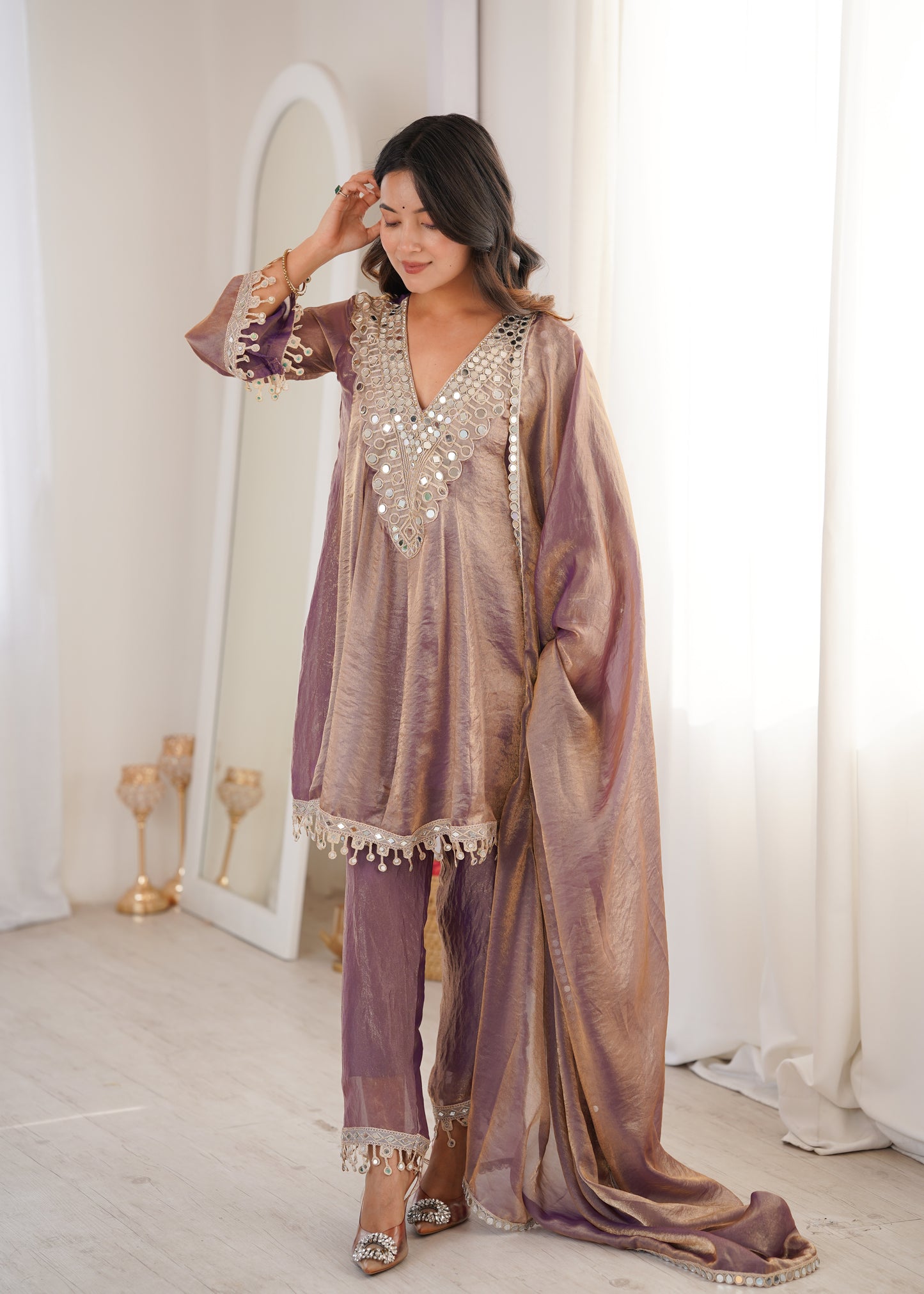 Fendy Fabric Mirror Work Kurti Set in Purple & Chiku