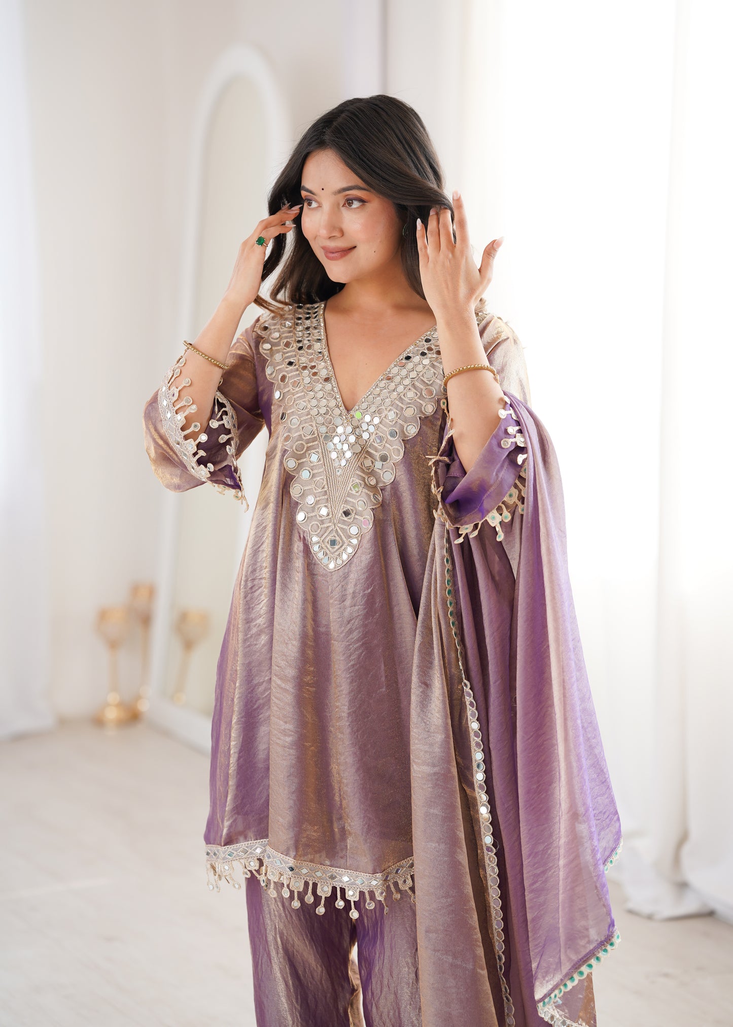 Fendy Fabric Mirror Work Kurti Set in Purple & Chiku