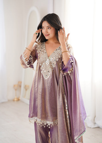 Fendy Fabric Mirror Work Kurti Set in Purple & Chiku