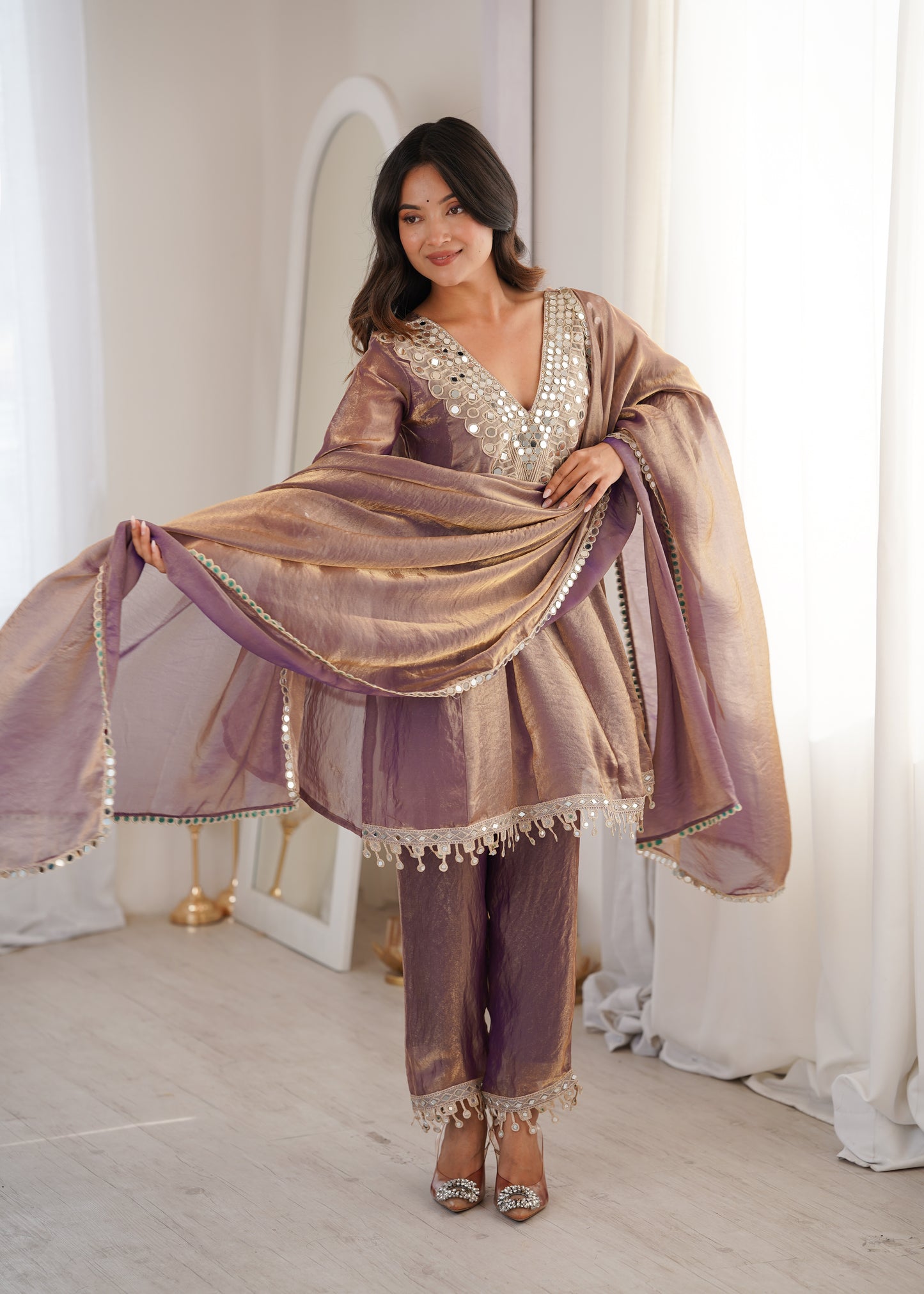 Fendy Fabric Mirror Work Kurti Set in Purple & Chiku