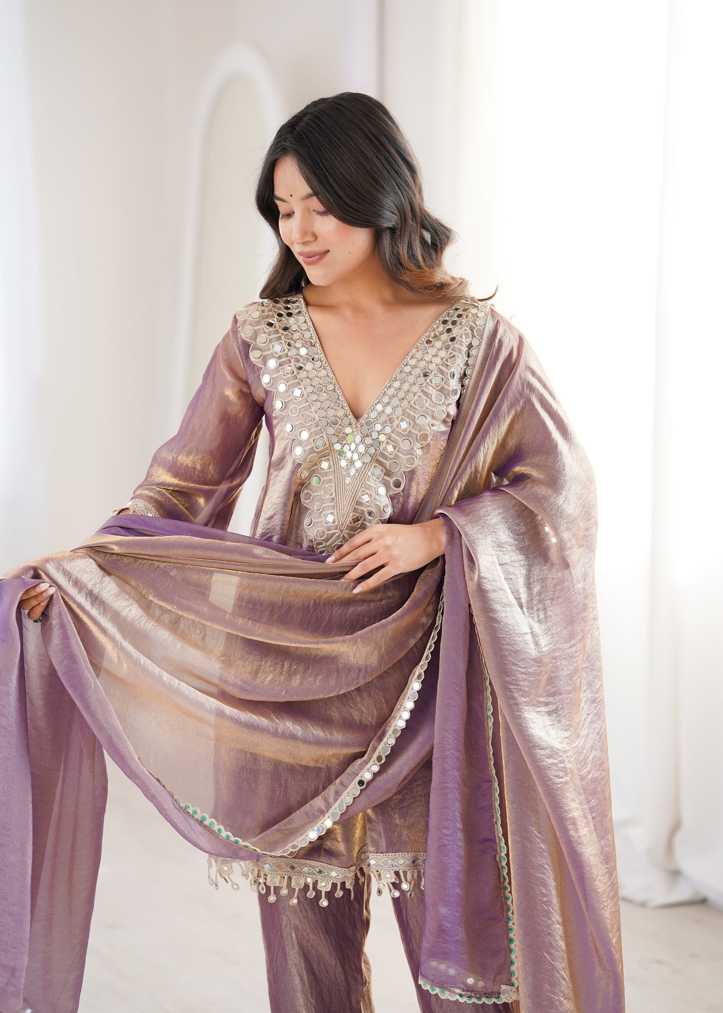 Fendy Fabric Mirror Work Kurti Set in Purple & Chiku