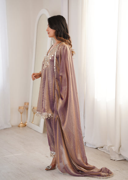 Fendy Fabric Mirror Work Kurti Set in Purple & Chiku