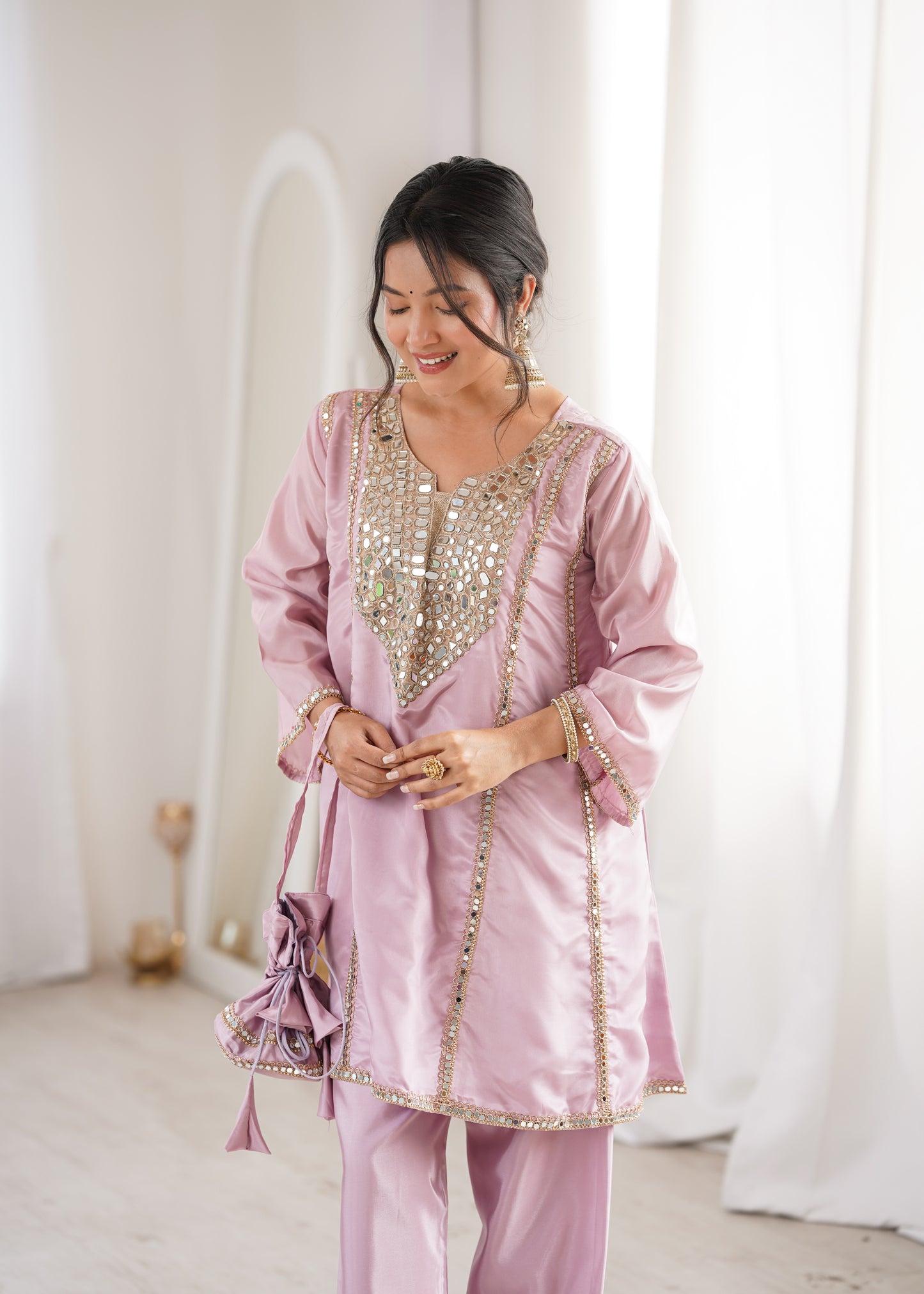 Real Mirror Work Kurti Pant Set with Batwa Bag - 2 Piece Suit