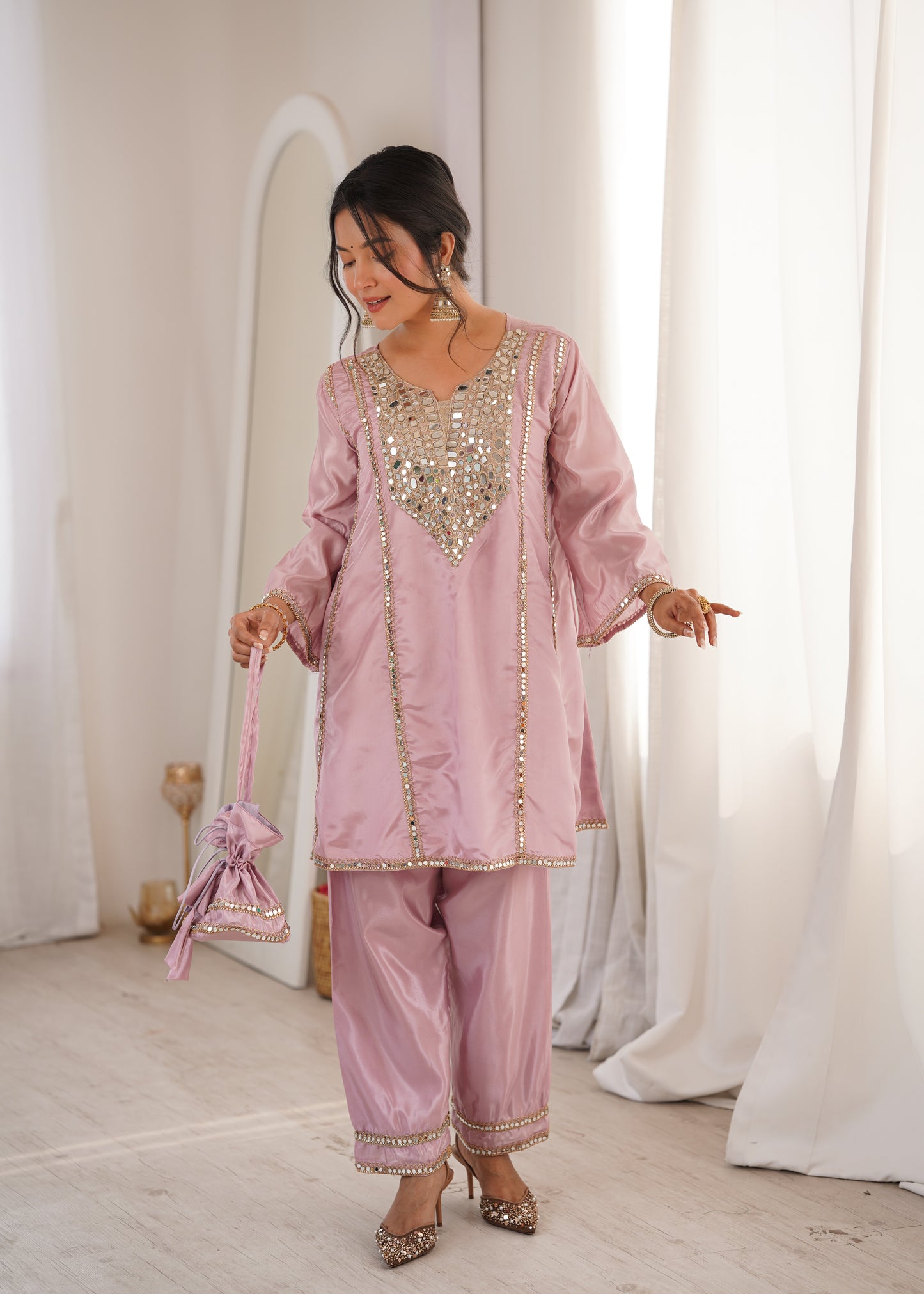 Real Mirror Work Kurti Pant Set with Batwa Bag - 2 Piece Suit