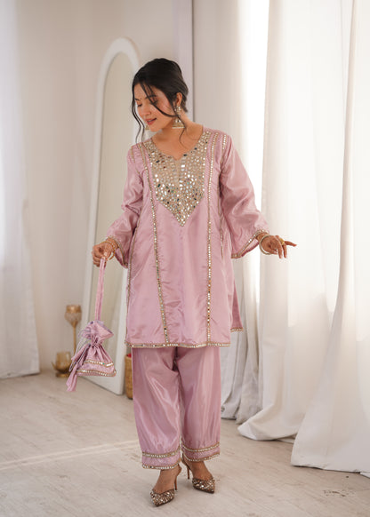 Real Mirror Work Kurti Pant Set with Batwa Bag - 2 Piece Suit