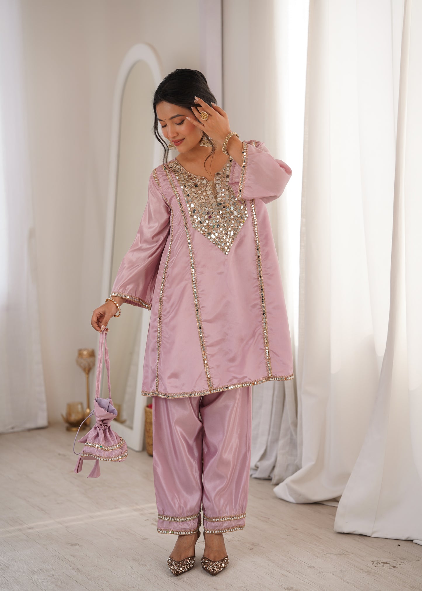 Real Mirror Work Kurti Pant Set with Batwa Bag - 2 Piece Suit