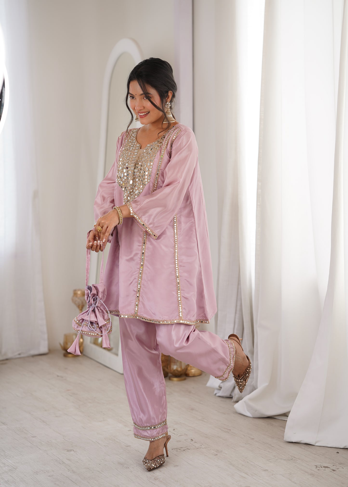 Real Mirror Work Kurti Pant Set with Batwa Bag - 2 Piece Suit