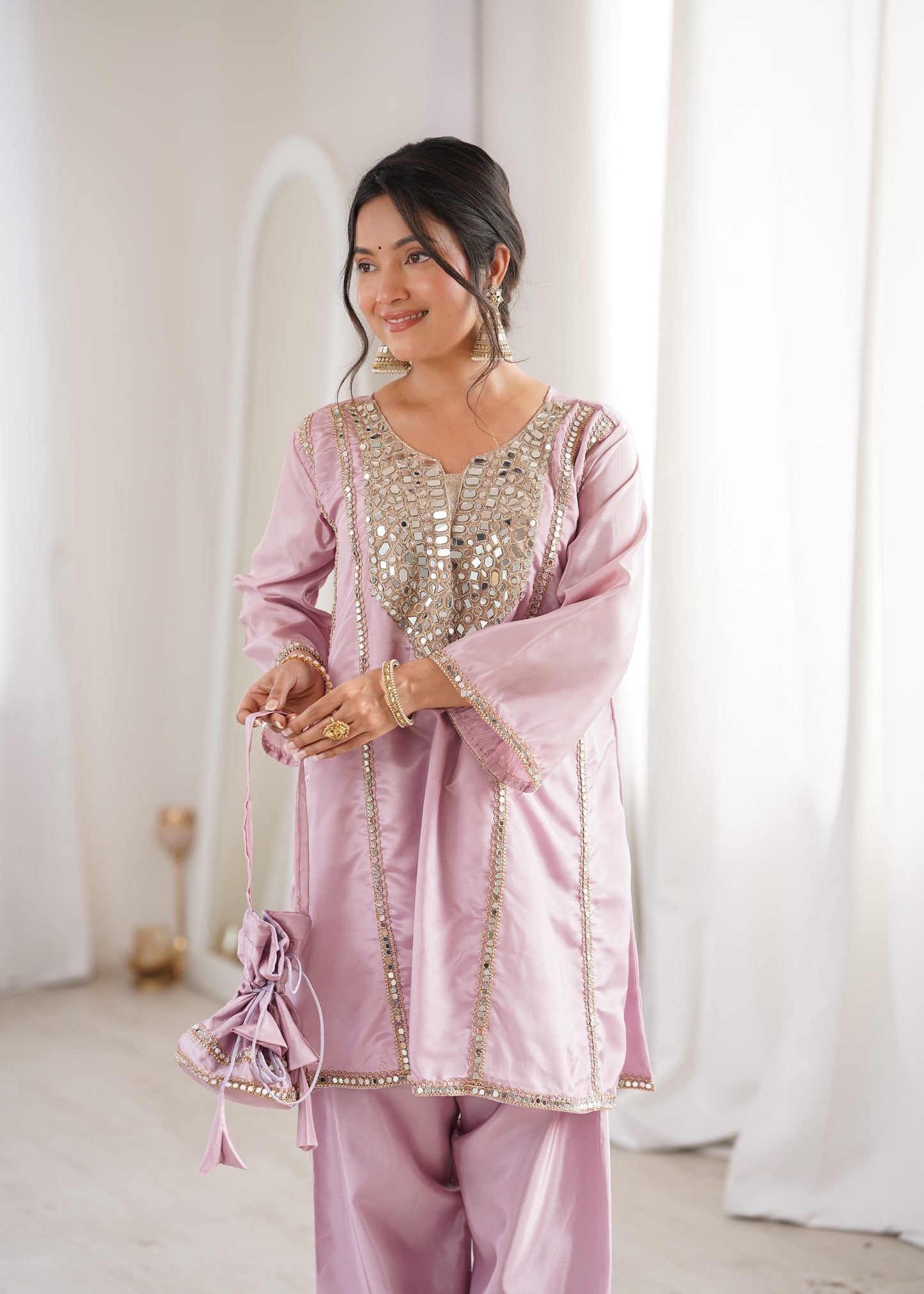 Real Mirror Work Kurti Pant Set with Batwa Bag - 2 Piece Suit