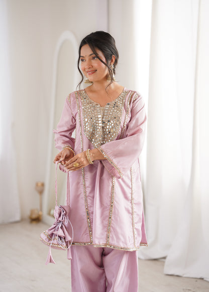 Real Mirror Work Kurti Pant Set with Batwa Bag - 2 Piece Suit