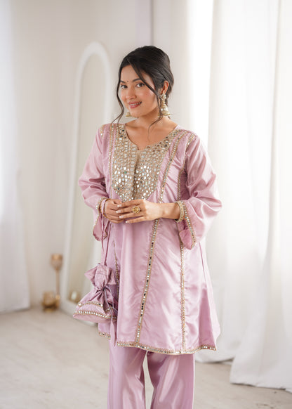 Real Mirror Work Kurti Pant Set with Batwa Bag - 2 Piece Suit