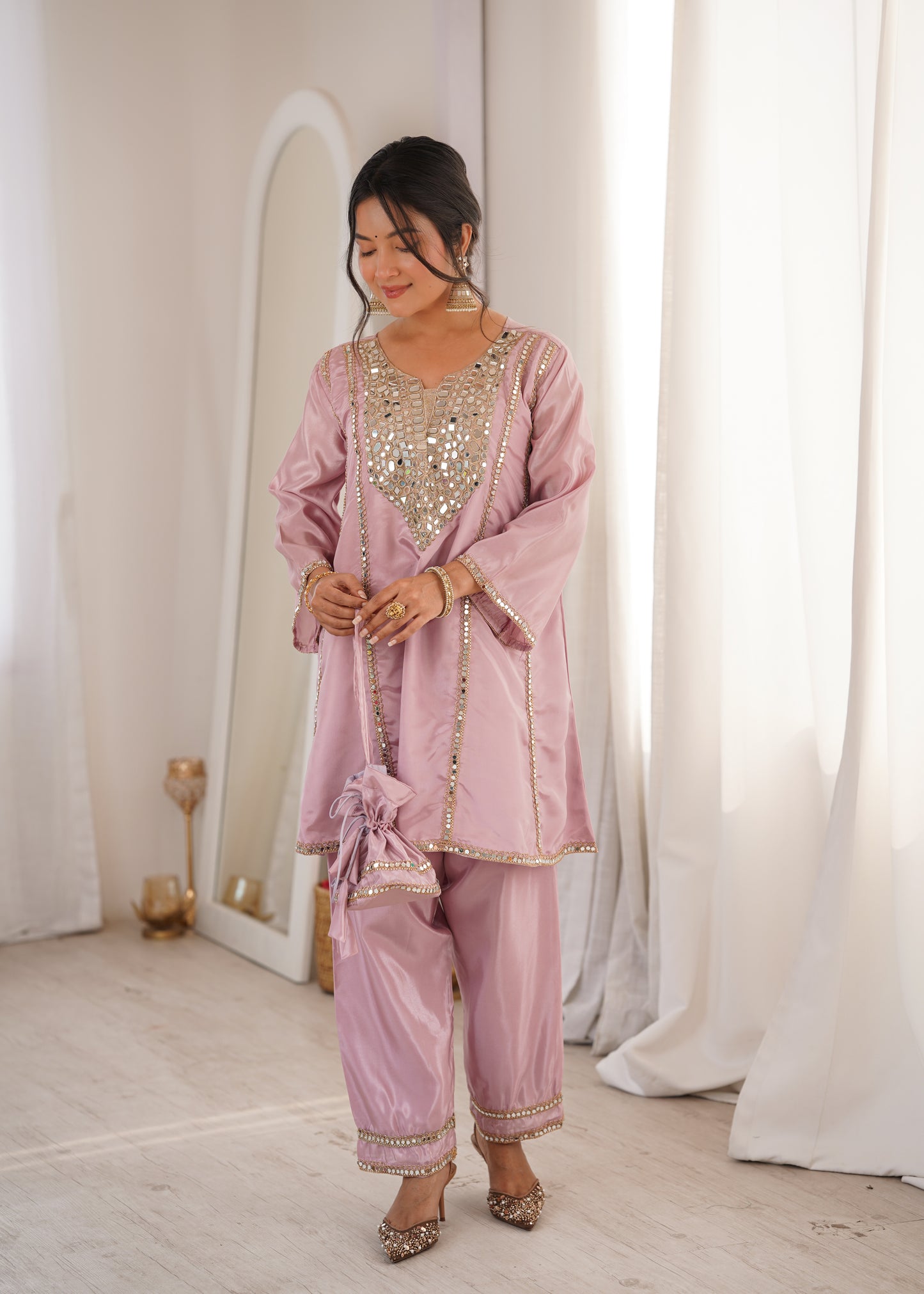 Real Mirror Work Kurti Pant Set with Batwa Bag - 2 Piece Suit