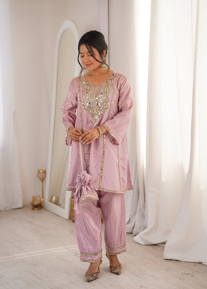 Real Mirror Work Kurti Pant Set with Batwa Bag - 2 Piece Suit