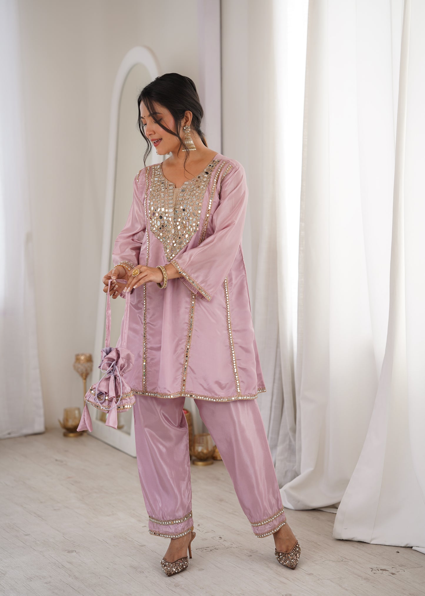 Real Mirror Work Kurti Pant Set with Batwa Bag - 2 Piece Suit