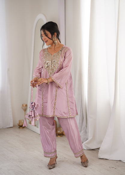 Real Mirror Work Kurti Pant Set with Batwa Bag - 2 Piece Suit