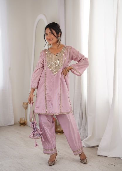 Real Mirror Work Kurti Pant Set with Batwa Bag - 2 Piece Suit