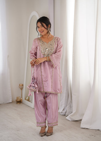 Real Mirror Work Kurti Pant Set with Batwa Bag - 2 Piece Suit