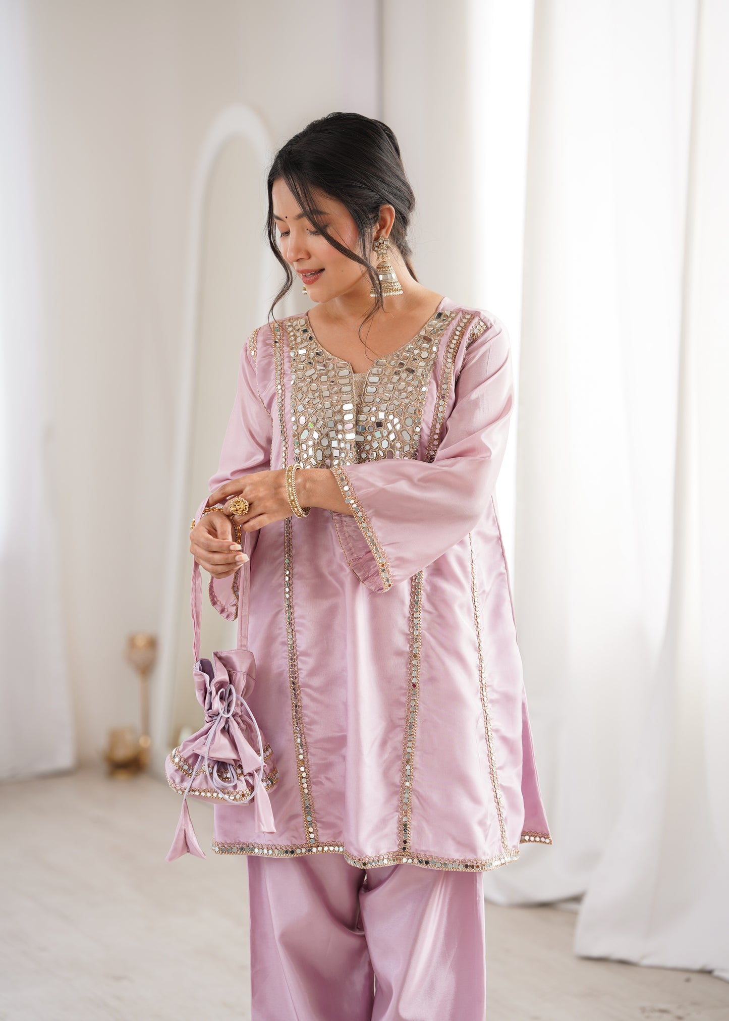 Real Mirror Work Kurti Pant Set with Batwa Bag - 2 Piece Suit