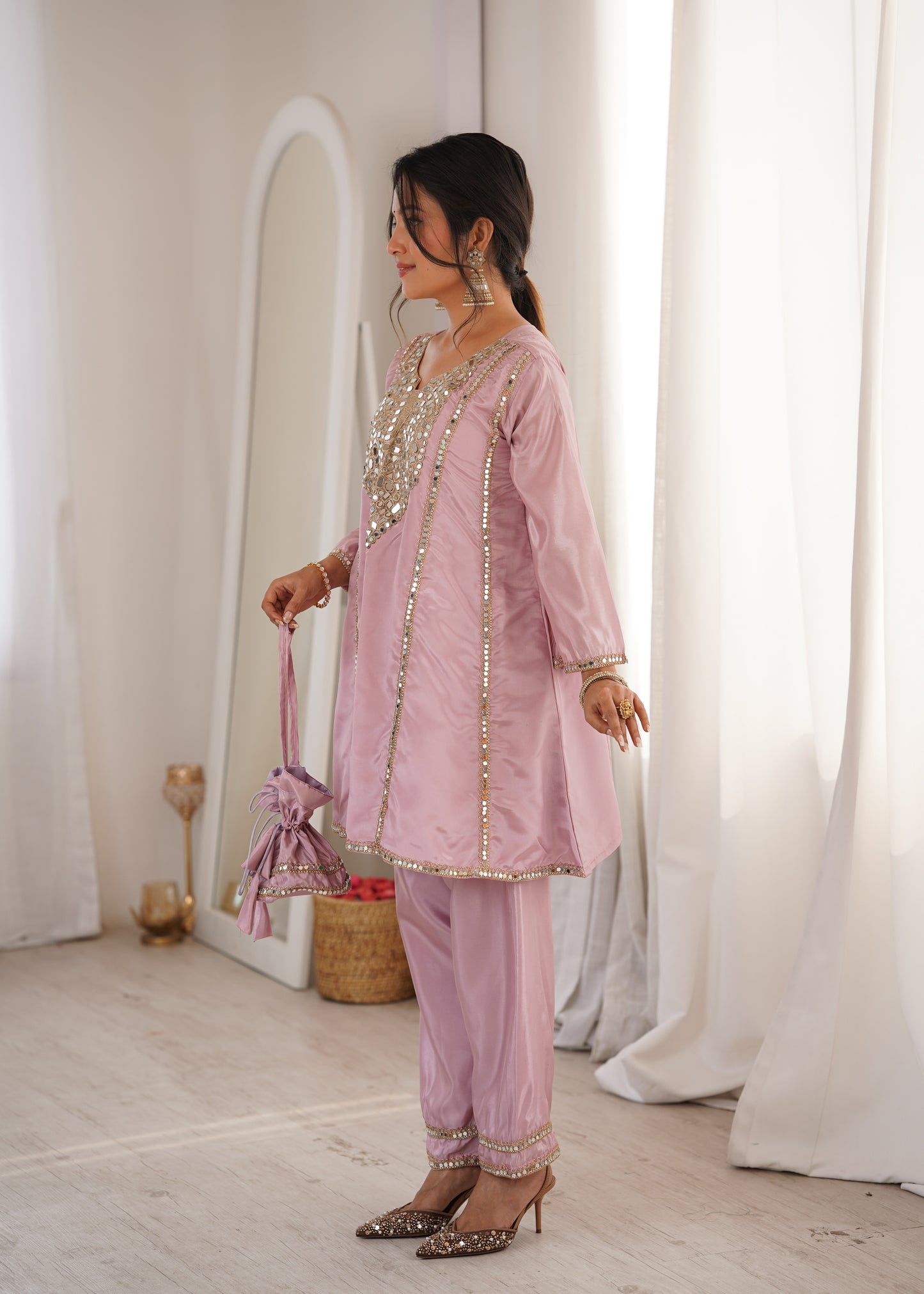 Real Mirror Work Kurti Pant Set with Batwa Bag - 2 Piece Suit