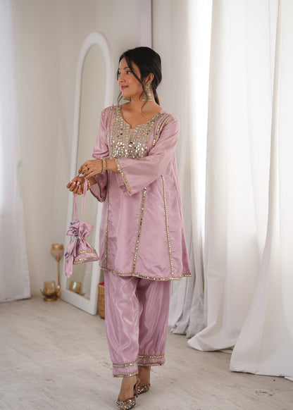 Real Mirror Work Kurti Pant Set with Batwa Bag - 2 Piece Suit