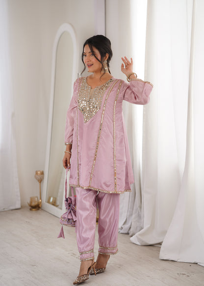Real Mirror Work Kurti Pant Set with Batwa Bag - 2 Piece Suit