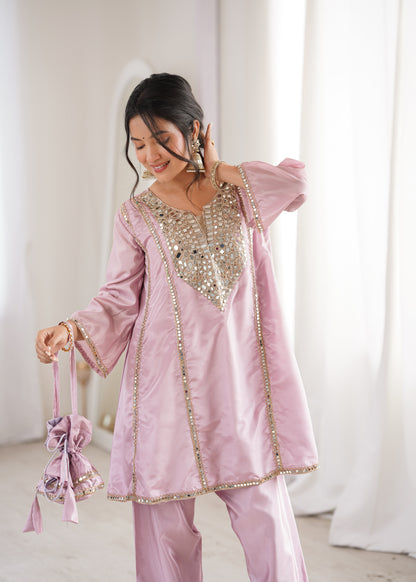 Real Mirror Work Kurti Pant Set with Batwa Bag - 2 Piece Suit