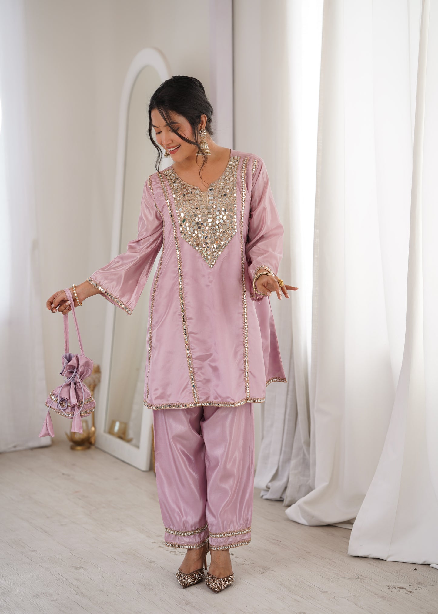Real Mirror Work Kurti Pant Set with Batwa Bag - 2 Piece Suit